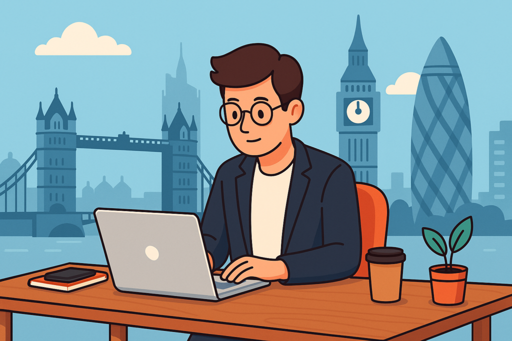 Cartoon-style illustration of a solopreneur working on a laptop in London, representing the best CRM for solopreneurs and freelancers.