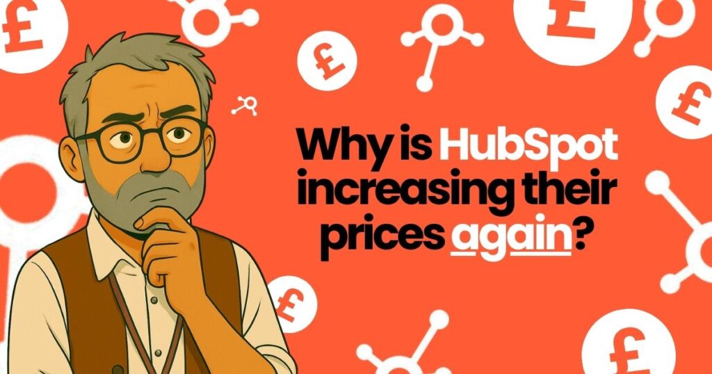 A CRM consultant surrounded by HubSpot's logo and the British pound sign. As prices surge on HubSpot's platform, data migration to Zoho is necessary.